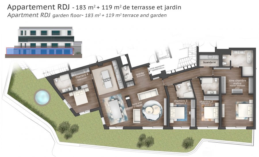 Plan appartement Promotion neuf Cap d'Ail proche Monaco Rez-de-Jardin